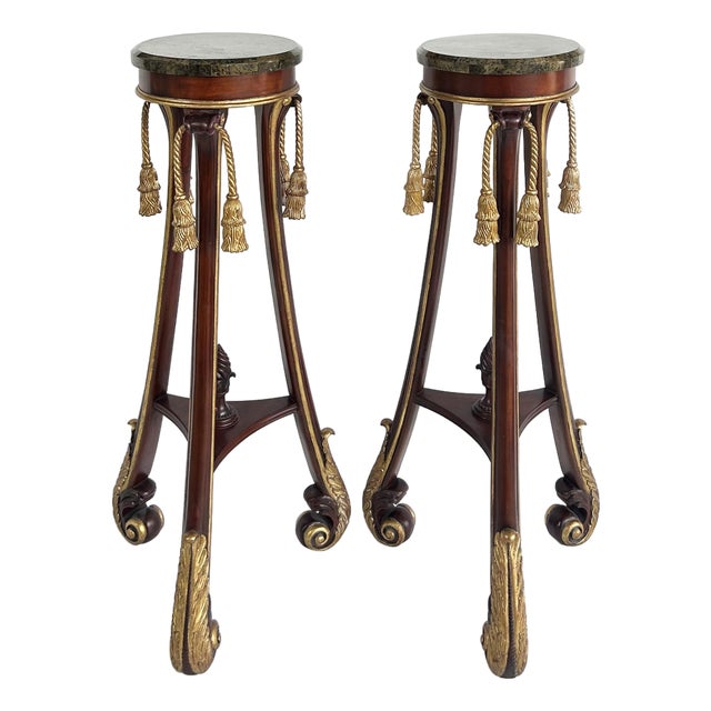Mahogany Giltwood Pedestals With Carved Tassels & Tesselated Stone Tops, a Pair For Sale