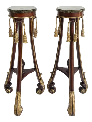 Mahogany Giltwood Pedestals With Carved Tassels & Tesselated Stone Tops, a Pair
