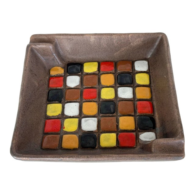 Vintage 1960s Aldo Londi Bitossi Multi-Color Square Ceramic Ashtray For Sale