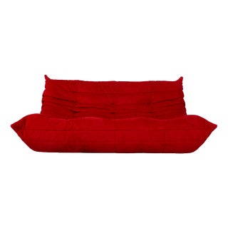Togo Fabric Three-Seater Sofa Couch in Red by Michel Ducaroy for Ligne Roset For Sale