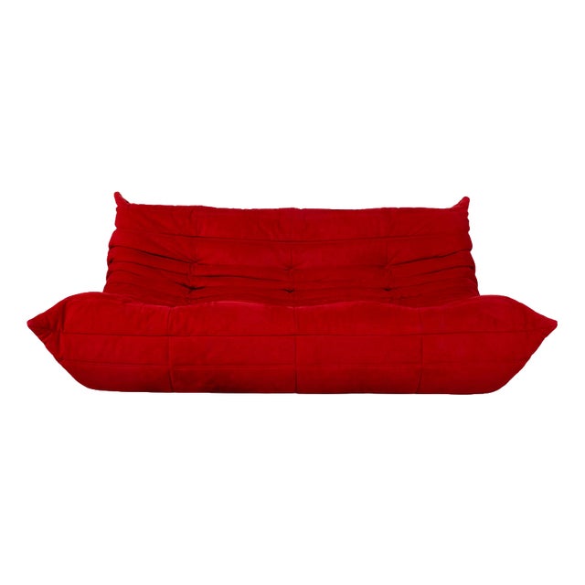 Togo Fabric Three-Seater Sofa Couch in Red by Michel Ducaroy for Ligne Roset For Sale