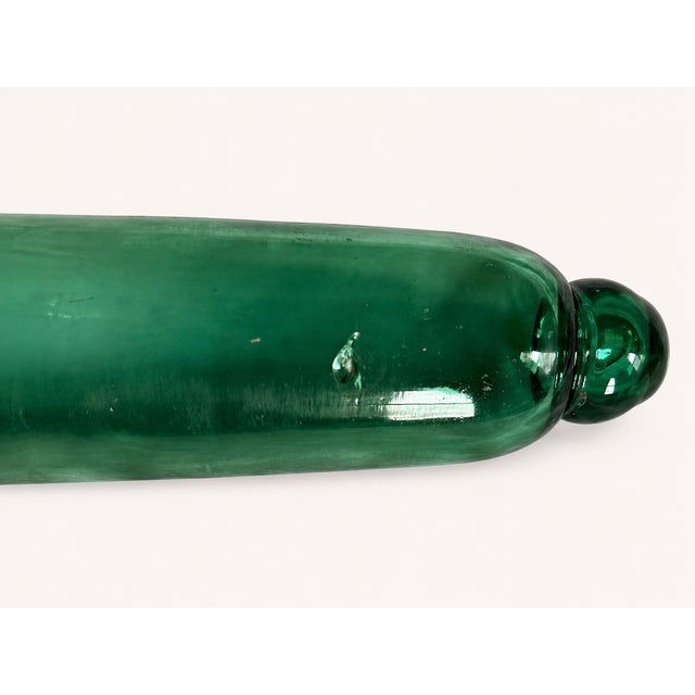 Antique Emerald Green Blown Glass Rolling Pin Ice-Fill Type 15” Primitive Kitchen Decor For Sale In New York - Image 6 of 6