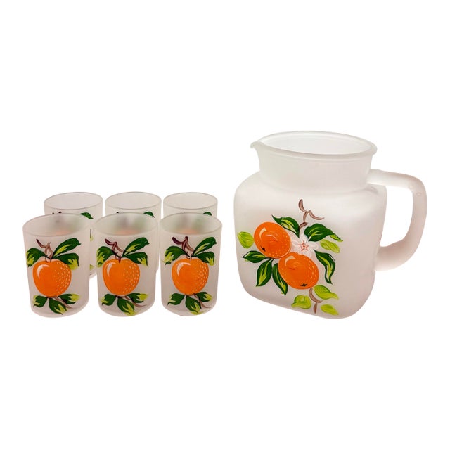 Vintage Frosted Glass Orange Juice Pitcher & Tumbler Set of 6 For Sale