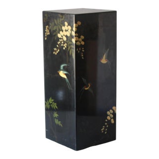 1970s Asian Floral Black Lacquered Pedestal Plant Stand For Sale
