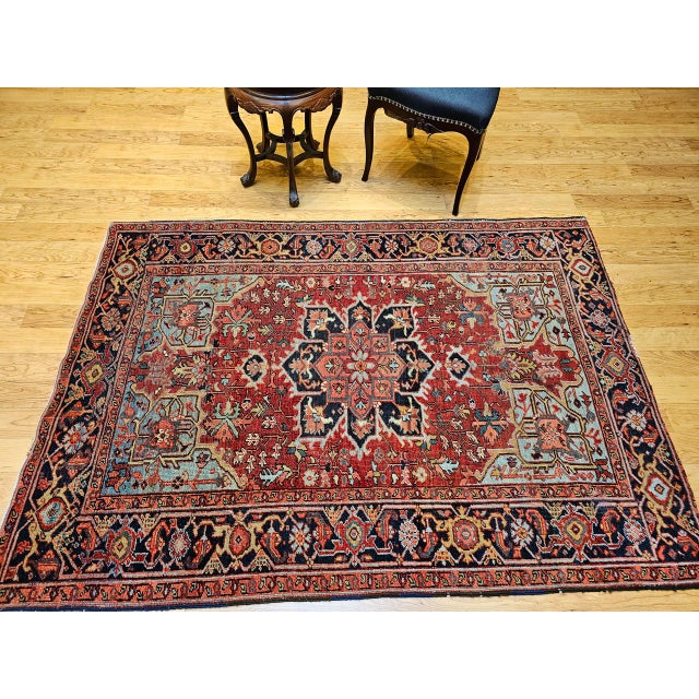 Antique Persian Heriz Serapi Rug, Hand-Knotted Wool, Geometric Pattern, Brick-Red & Blue, 5x7 For Sale - Image 10 of 18
