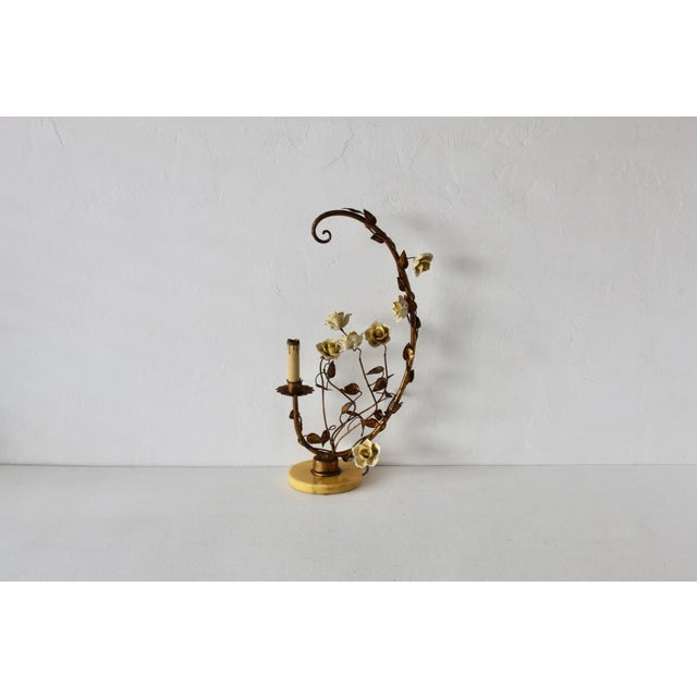 Italian Gilded Tole Porcelain Yellow Roses Leaf Vine Marble Base Table Accent Lamp Vintage Mid-Century For Sale - Image 9 of 17