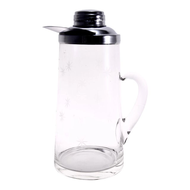 Chrome Topped 12” Etched Glass Pitcher For Sale