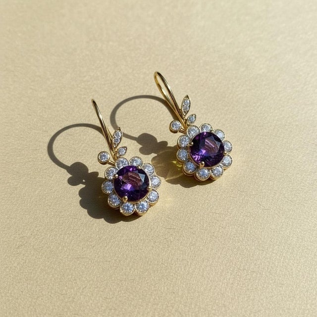 Modern Art Nouveau Amethyst Flower and Leaf Drop Earrings, Silver, Gold, Pair For Sale - Image 3 of 10