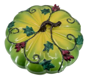 Late 19th Century Chinese Porcelain Footed Altar Box Melon Form Mottled Chartreuse Body With Twisting Vine Leaf