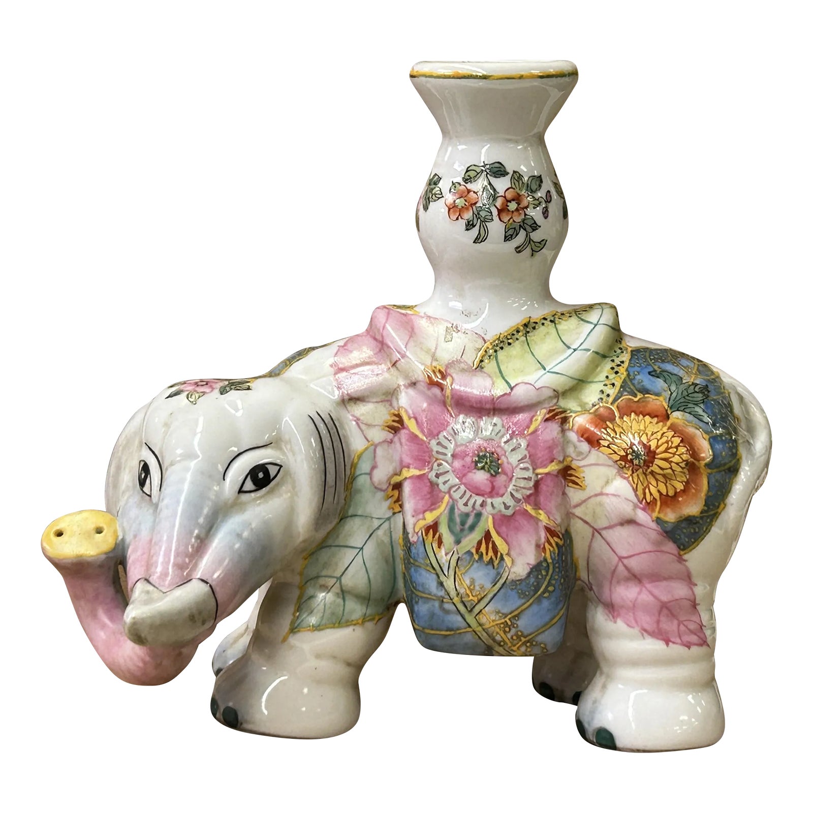 Pink Flower Graphic Porcelain Elephant Candle Holder Accent Decor