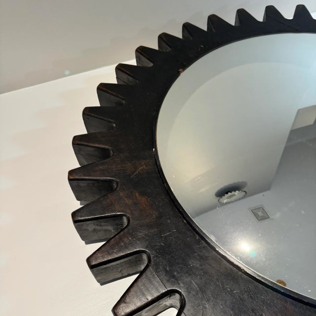 Large Vintage Round BlackWood Gear Convex Mirror For Sale - Image 4 of 10