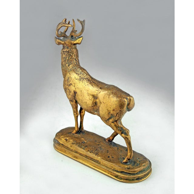 F. Barbedienne Foundry Patinated Bronze Sculpture 'Listening Stag' by Romantic Author and Sculptor Antoine-Louis Barye and Produced by F. Barbedienne Fondeur For Sale - Image 4 of 8