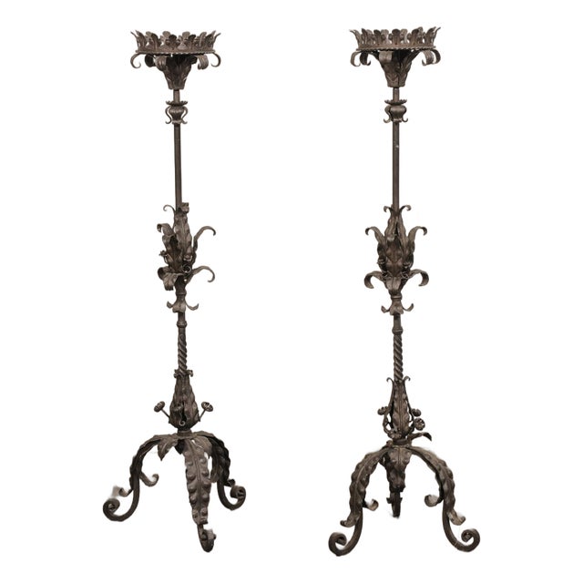Mid 20th Century French Forged Iron Floor Candlesticks, 5 Ft For Sale