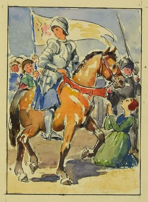 Unknown, Jeanne d'Arc, Original China Ink and Watercolor on Paper, 1940s