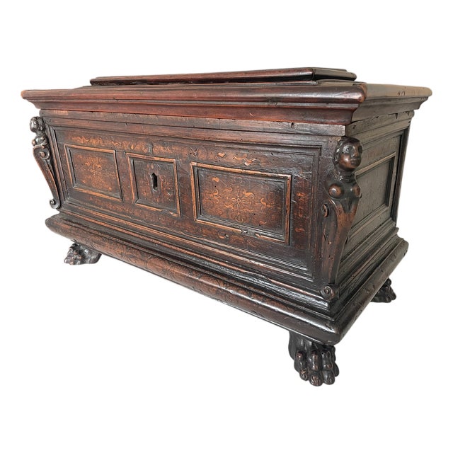 Small Italian Inlaid Walnut Cassone with Paw Feet, 1550-1580 For Sale