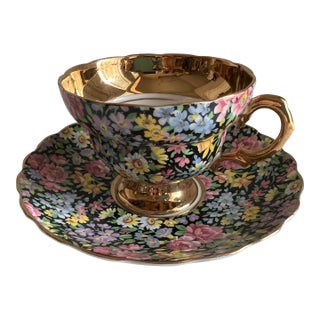 1940s Rosina Black & Gold Chintz Tea Cup and Saucer For Sale