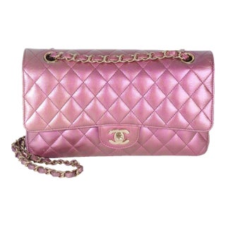 Dark Pink Iridescent Quilted Lambskin Medium Classic Double Flap Bag For Sale