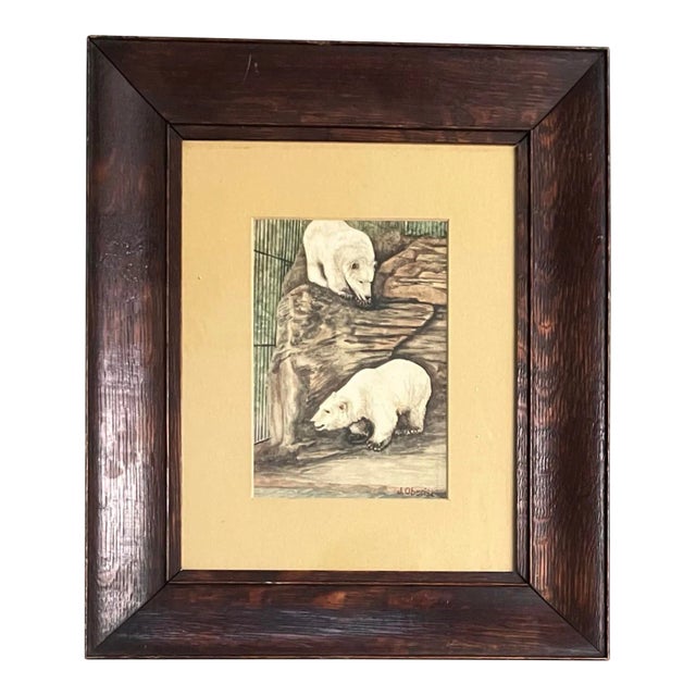 1940’s Original Polar Bear Watercolor Painting in Oak Frame For Sale