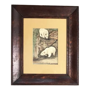 1940’s Original Polar Bear Watercolor Painting in Oak Frame