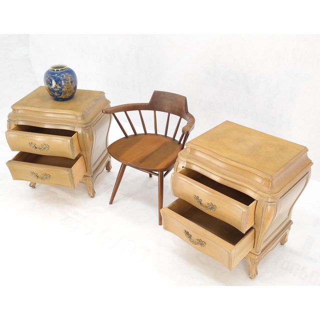 Pair Bombe White Wash Pickled Burl Wood Night Stands End Tables Brass Pulls Mint For Sale - Image 9 of 16