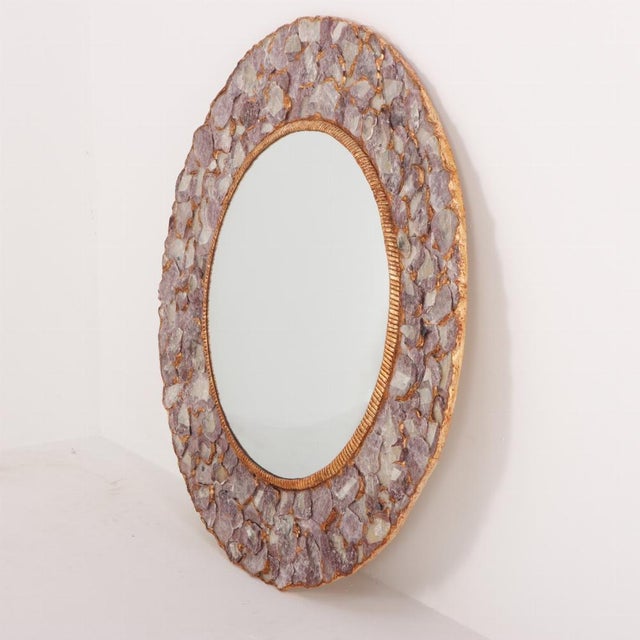 Mid-Century Modern Large Mica and Gilt Resin Convex Wall Mirror in the Manner of Line Vautrin. Contemporary. For Sale - Image 3 of 5