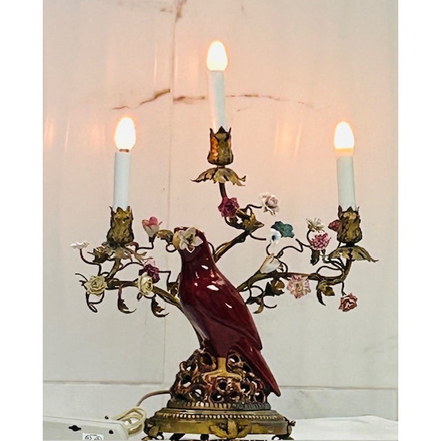 Chinoiserie Early 19th Century A Large Pair of Chinoiserie Regency Exotic Opposing Heron Gilt-Bronze-Mounted & Porcelain Parrot Candelabra For Sale - Image 3 of 16