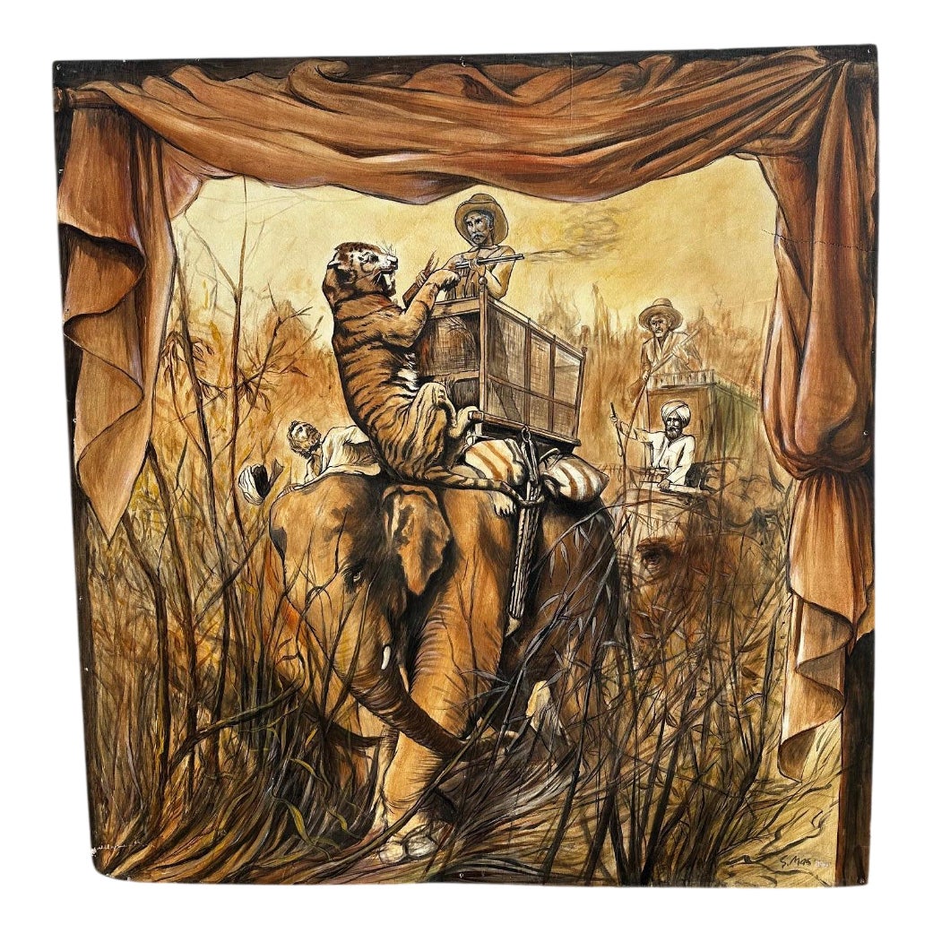 S. Mas, Scene with Tiger Attack, 20th Century, Painting | Chairish
