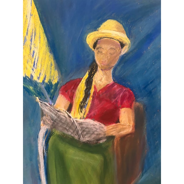 Vintage Original Figurative Painting Woman Reading Newspaper Oil Pastel on Paper, Unknown Artist For Sale - Image 4 of 5