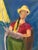 Vintage Original Figurative Painting Woman Reading Newspaper Oil Pastel on Paper, Unknown Artist For Sale - Image 4 of 5