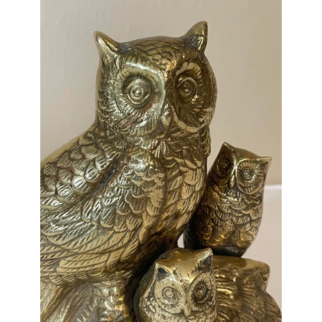 Vintage Brass Owl Family Perched on Log Branches Figurine Sculpture. 7 1/4” height. 6 1/2” width. 3 1/2” depth.
