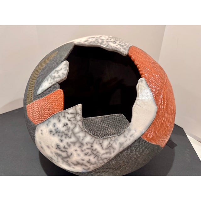 Large Sculptural Studio Pottery Vessel / Pod Form White Crackle Raku-Style Glaze, Textured Panels For Sale - Image 16 of 17