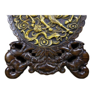 Sandalwood Gilt Carved Qilin Screen on Stand | Chinese Chinoiserie Table Sculpture For Sale