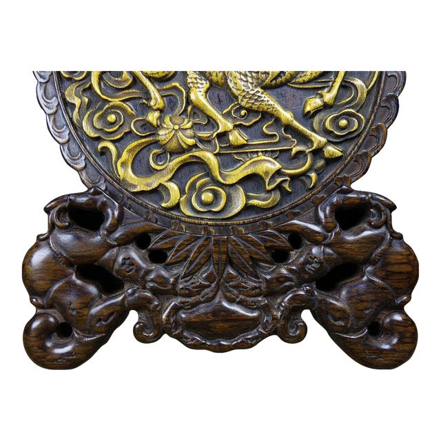 Sandalwood Gilt Carved Qilin Screen on Stand | Chinese Chinoiserie Table Sculpture For Sale