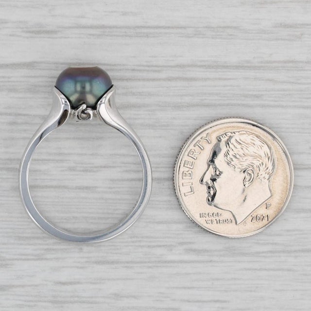 Metal New Galatea Cultured Black Pearl Diamond Ring 14k White Gold Size 6.25 For Sale - Image 7 of 8
