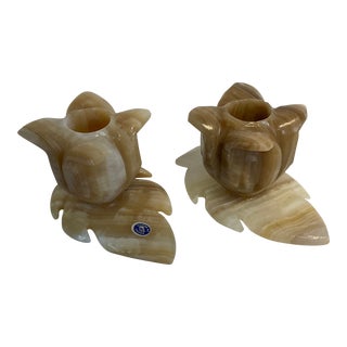 Mid-Century Boho Chic Hand Carved Mexican Onyx Candleholders, Tulip on a Leaf - a Pair For Sale
