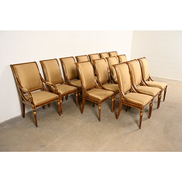 French Karges French Regency Louis XVI Carved Walnut and Gold Gilt Dining Chairs | Set of Fourteen For Sale - Image 3 of 16