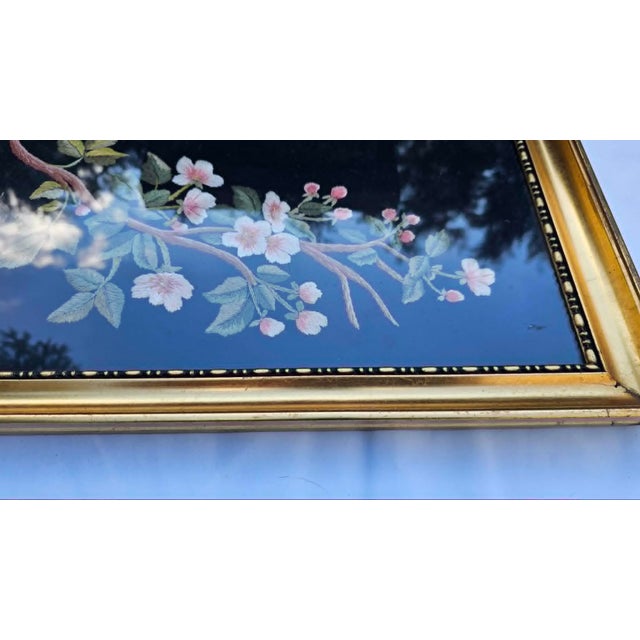 Wood Picture in Frame with Embroidered Cherry Blossoms, 1950s For Sale - Image 7 of 10
