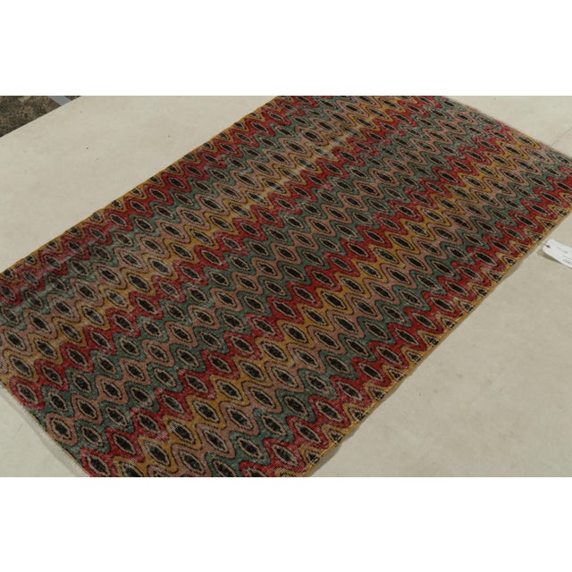 Mid-Century Modern 1960s Vintage Distressed Zeki Müren Rug in Red, Gold, Blue, Pink Retro Pattern For Sale - Image 3 of 7