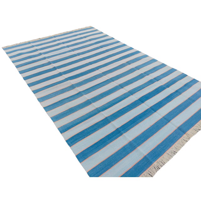 Handmade Cotton Area Rug, Natural Vegetable Dyed, Blue and Orange Striped Rug - 9'x12' For Sale - Image 6 of 11