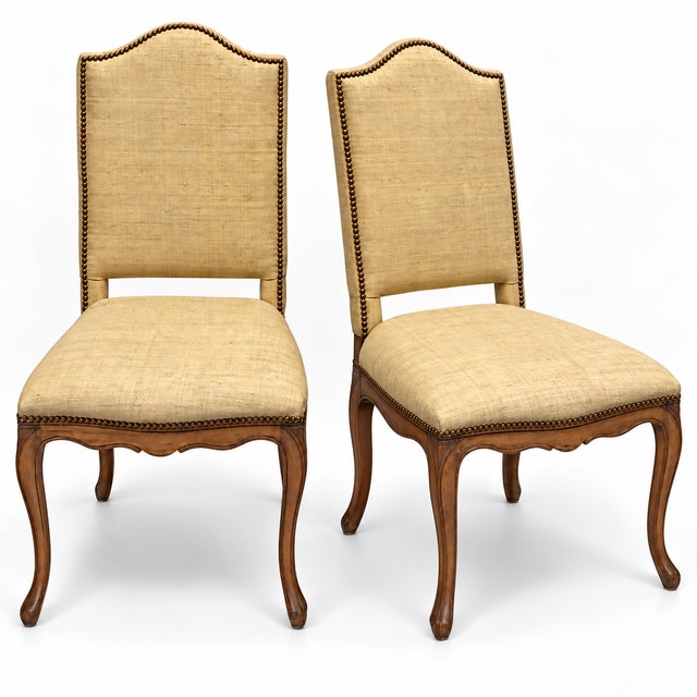 Louis XV Style French Style Side Chairs in Grasscloth W/ Brass Nailheads Att. To Grange - Pair For Sale In Atlanta - Image 6 of 8