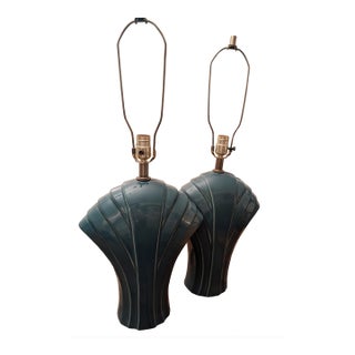 1960s Art Deco Teal Ceramic Lamp Set - a Pair For Sale