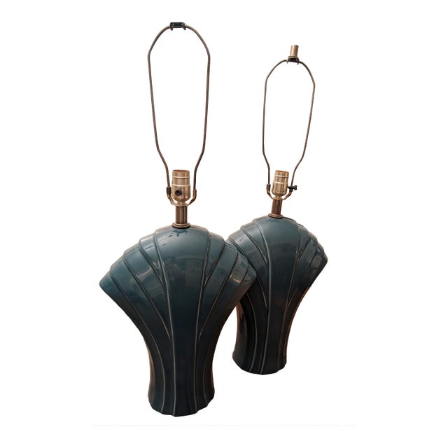 1960s Art Deco Teal Ceramic Lamp Set - a Pair For Sale
