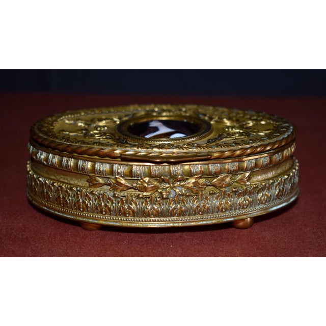1910s Antique Bronze Casket Box French Ormolu Jewelry Hand Painted Enamel Portrait For Sale - Image 5 of 18