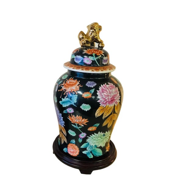 Vintage Chrysanthemum and Foo Dog Ginger Jar Large in size, black background with elaborate flowers. Gold Foo Dog on top...