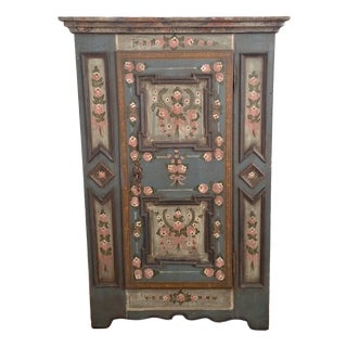 Small Antique Blue Hand-Painted Alpine Wardrobe, 1810s For Sale