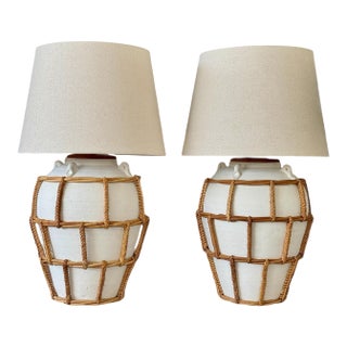 Monumental Boho Coastal Regency Plaster Lamps With Hand-Wrapped Rattan Cage & Linen Shades For Sale