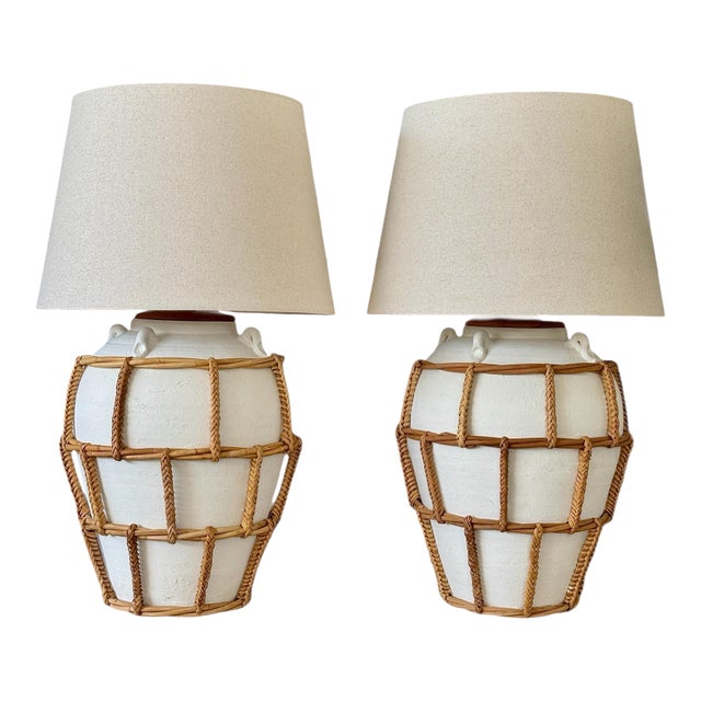 Monumental Boho Coastal Regency Plaster Lamps With Hand-Wrapped Rattan Cage & Linen Shades For Sale