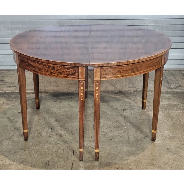 Early 20th Century Pair Federal Mahogany Demi Lune Hall Tables Console Tables Dining Table Inlay For Sale - Image 9 of 12