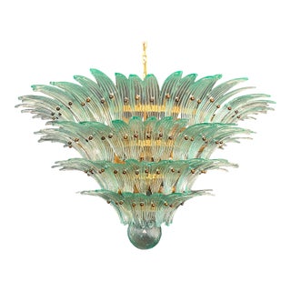 Late 20th Century Murano Glass Palmette Chandelier - 160 Turquoise Glasses, Four-Tier, Gold Frame For Sale