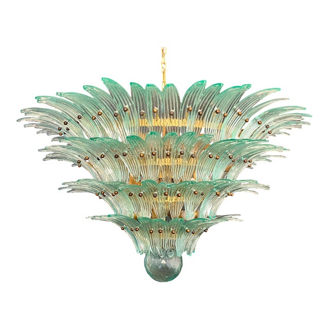 Late 20th Century Murano Glass Palmette Chandelier - 160 Turquoise Glasses, Four-Tier, Gold Frame For Sale